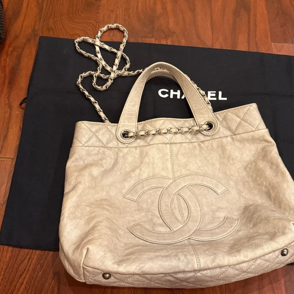 CHANEL CC GHW 2 Way Chain Shoulder Bag Calfskin Leather in Grey